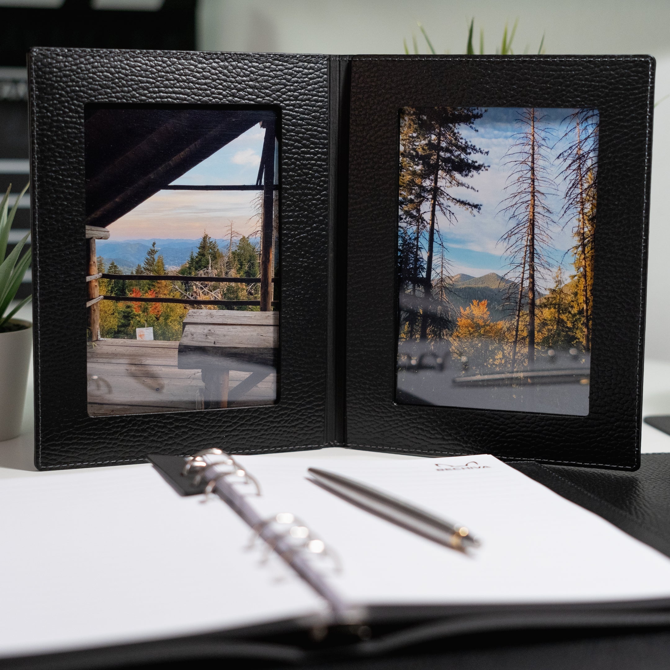 Recycled Leather Foldable Photo Frame: 4x6 Double Tabletop Display