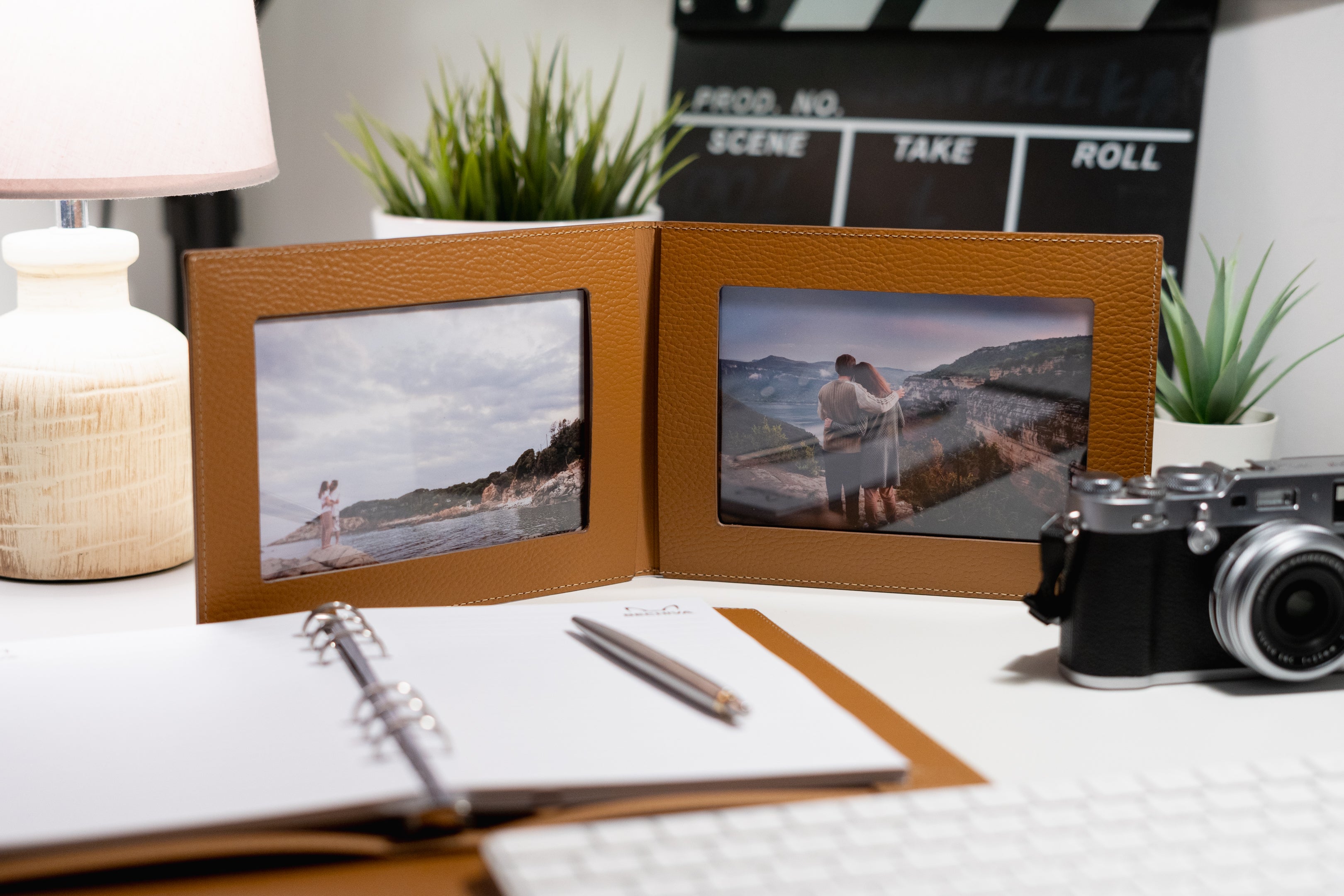 Recycled Leather Foldable Photo Frame: 4x6 Double Tabletop Display