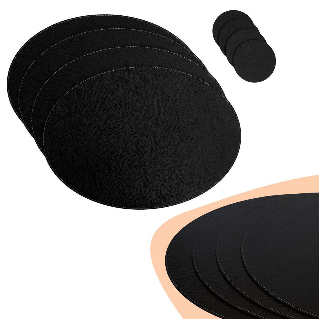 Recycled Leather Oval Placemats Black 45 By 33 cm Handcrafted European Workshop Eco Friendly Durable Dining Accessory
