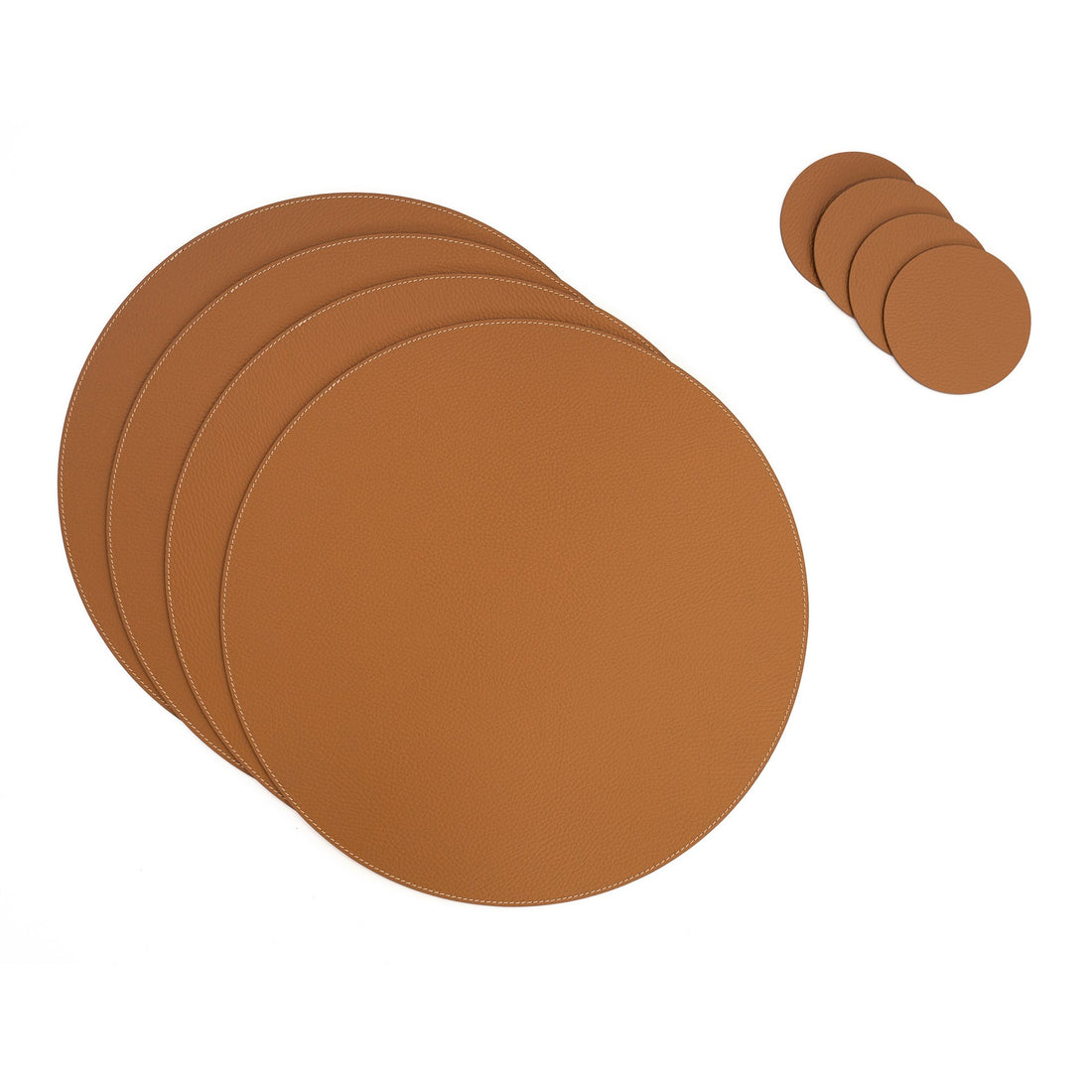 Recycled Leather Round Placemats Cognac 38cm and 33cm Set Bechiva Eco Friendly Durable Table Decor