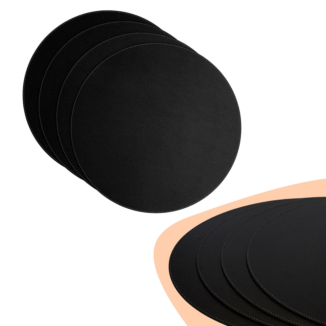 Bechiva Recycled Leather Round Placemats Black 38cm 33cm Set For Dining Table Eco Friendly Handmade
