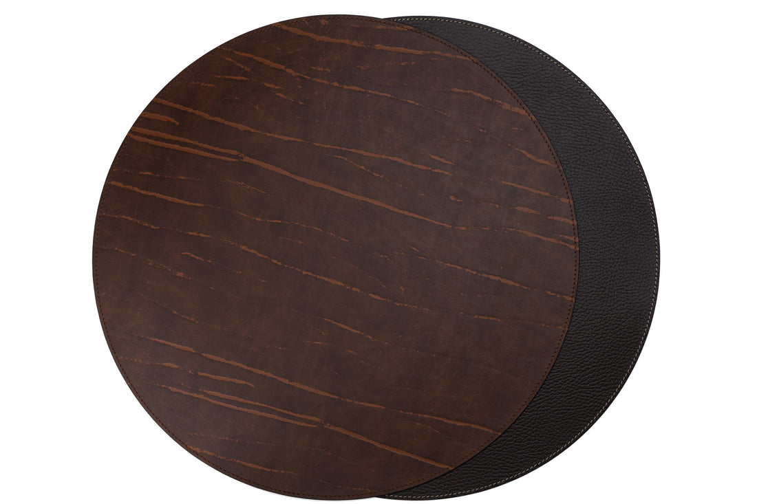 Recycled Leather Round Placemats Dark Brown 38cm And 33cm Handcrafted In Small Workshop Eco Friendly