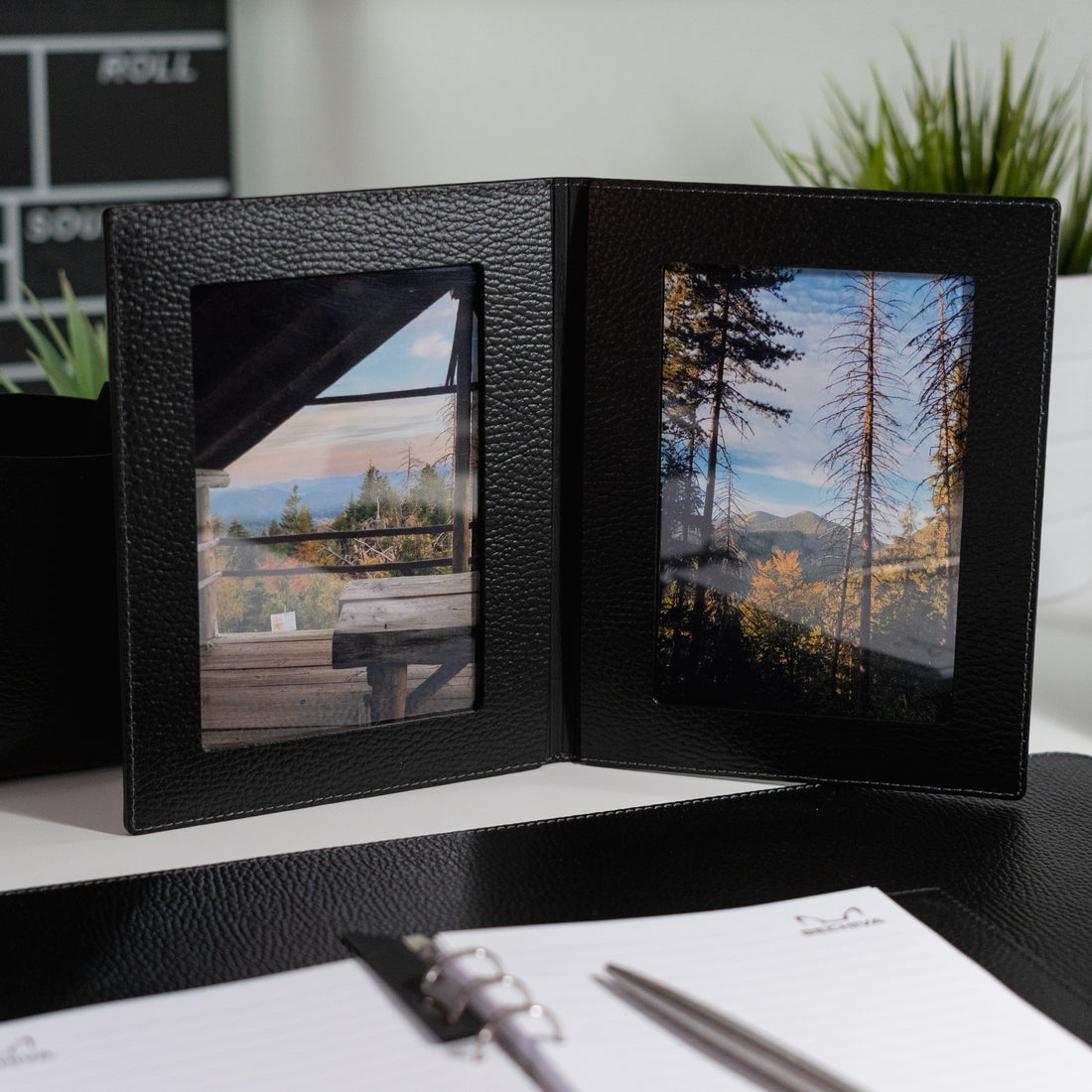 Recycled Leather Foldable Photo Frame: 4x6 Double Tabletop Display