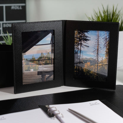 Recycled Leather Foldable Photo Frame: 4x6 Double Tabletop Display