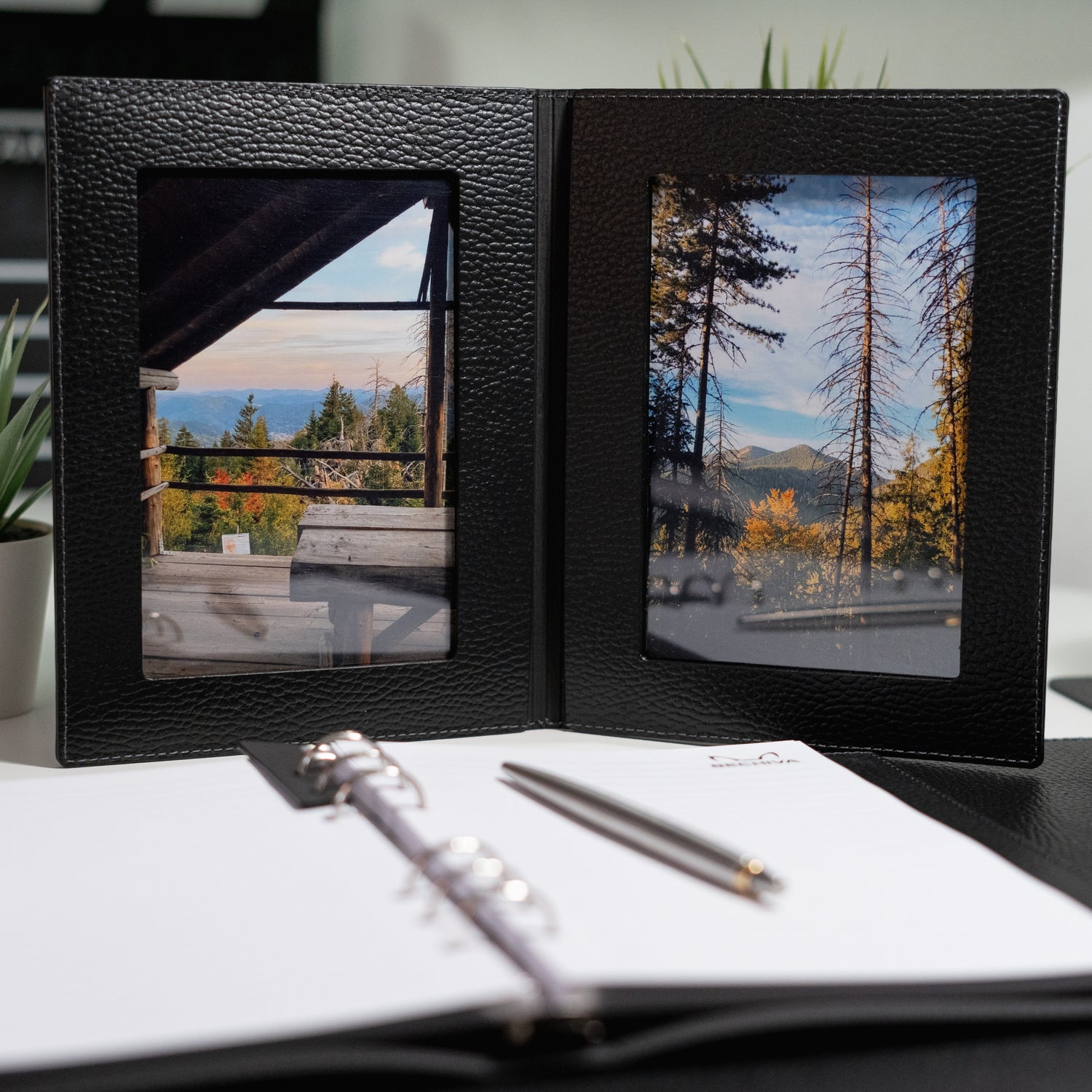 Recycled Leather Foldable Photo Frame: 4x6 Double Tabletop Display