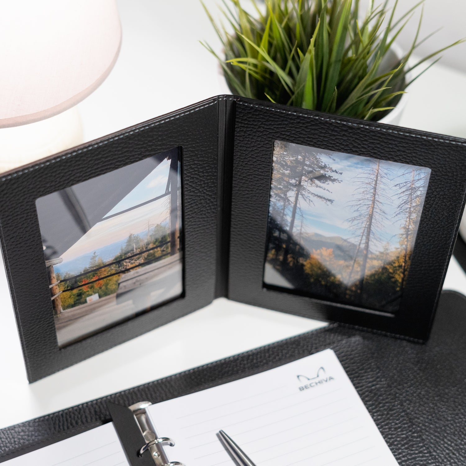 Recycled Leather Foldable Photo Frame: 4x6 Double Tabletop Display
