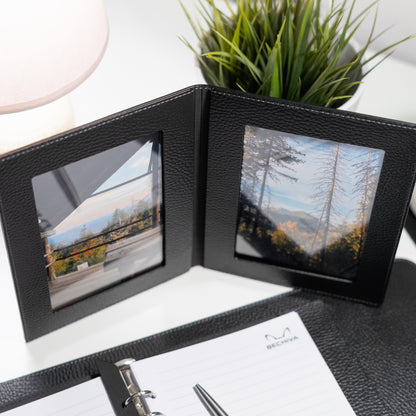 Recycled Leather Foldable Photo Frame: 4x6 Double Tabletop Display