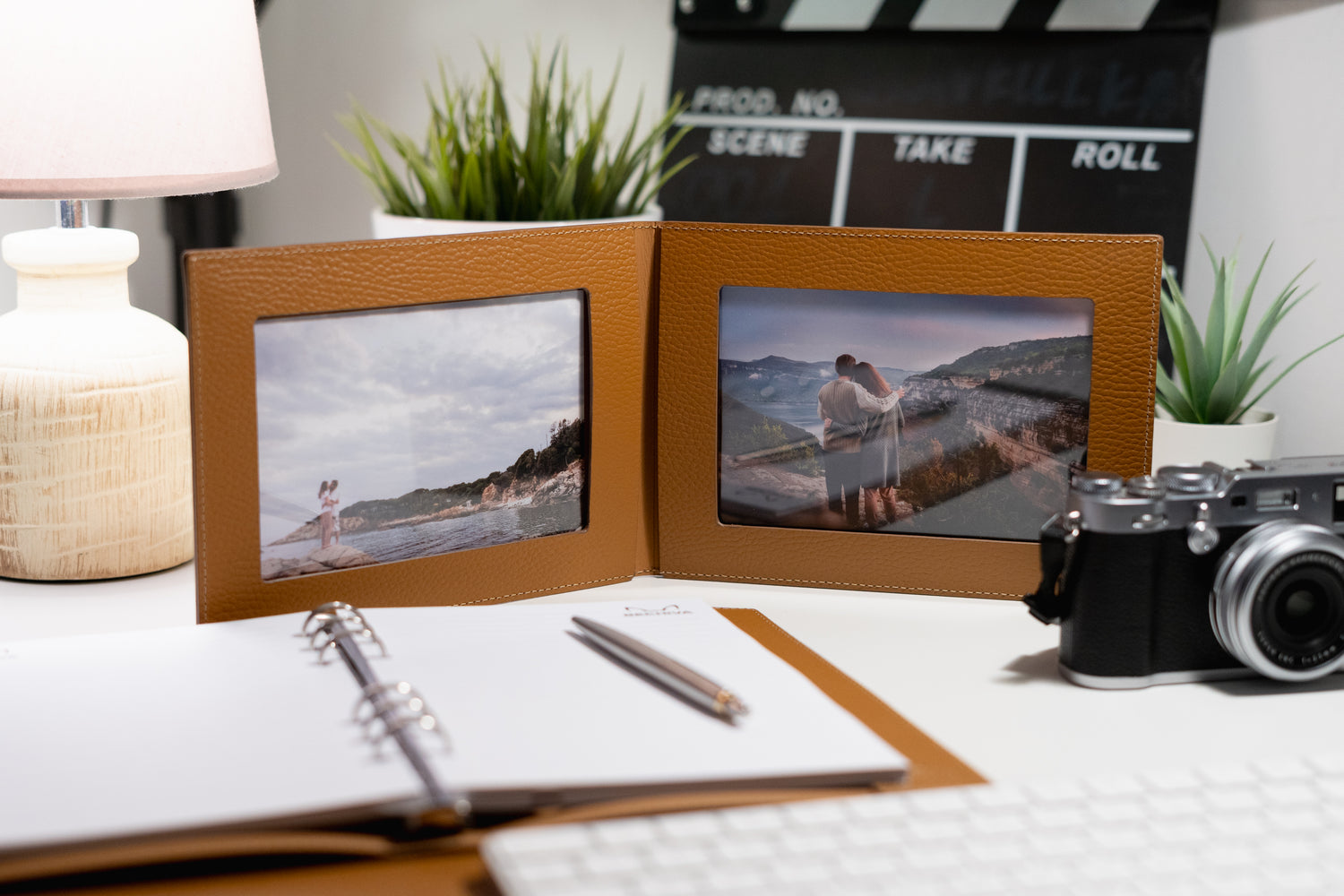 Recycled Leather Foldable Photo Frame: 4x6 Double Tabletop Display