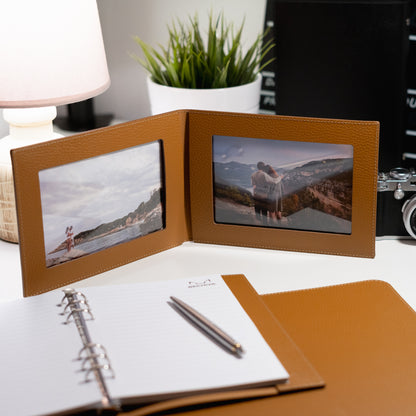 Recycled Leather Foldable Photo Frame: 4x6 Double Tabletop Display
