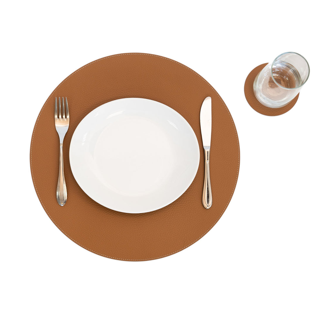 Recycled Leather Round Placemats Cognac 38cm and 33cm Set Bechiva Eco Friendly Durable Table Decor