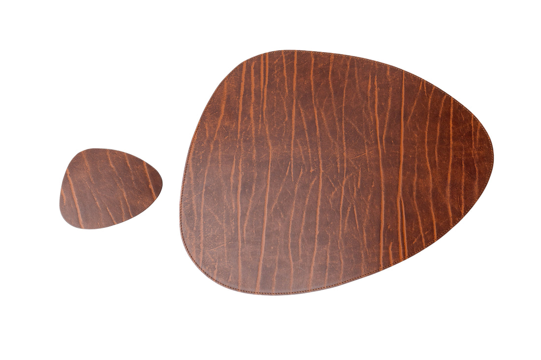 Recycled Leather Placemats Vintage Dark Brown Drop Shape Handcrafted Table Mats Eco Friendly Durable