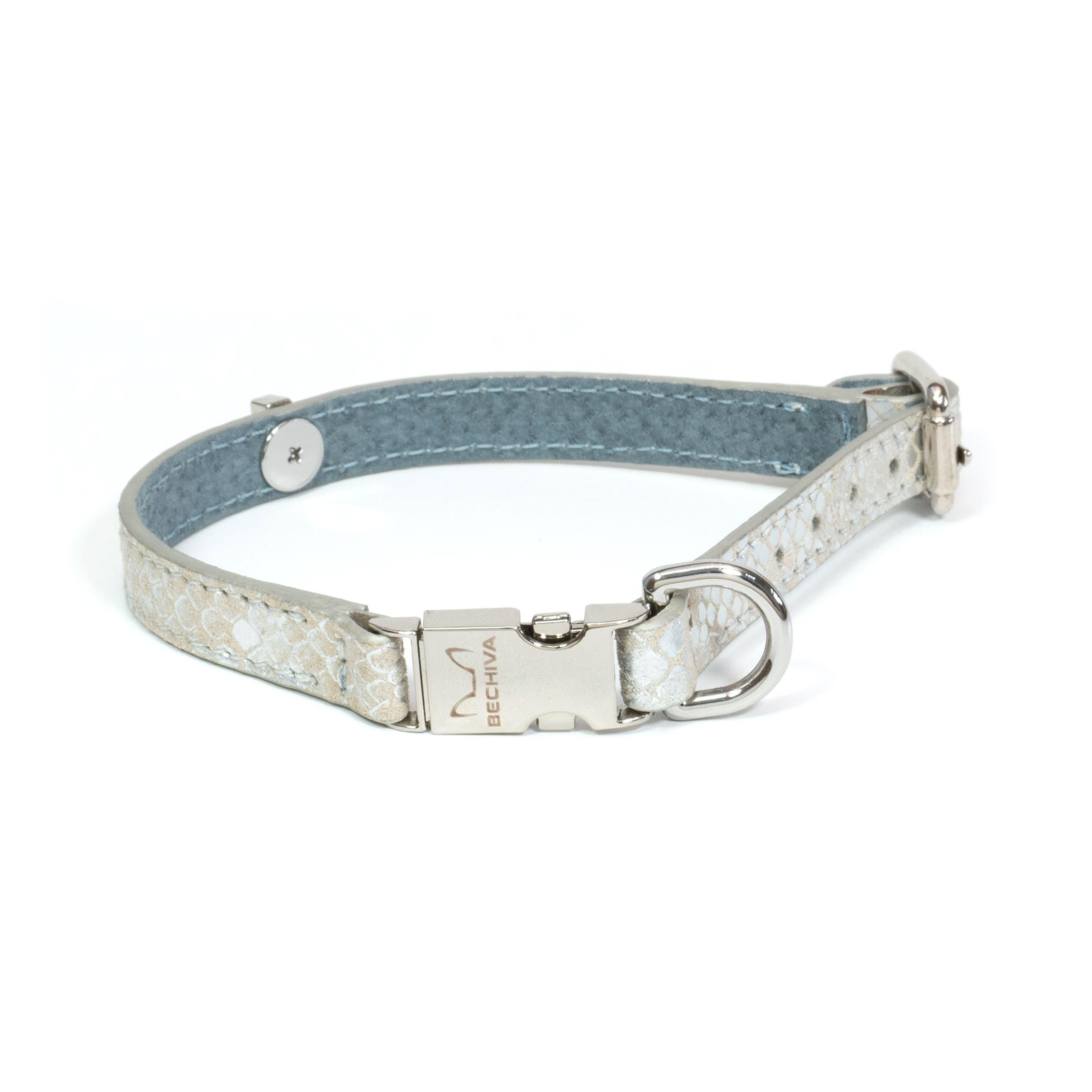 Leather Dog Collar Luna Python Silver - Bechiva
